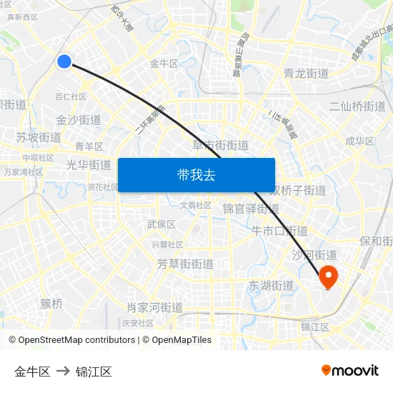 金牛区 to 锦江区 map