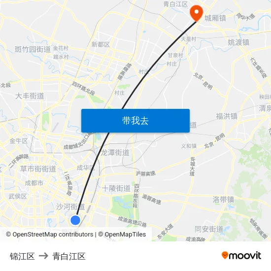 锦江区 to 青白江区 map