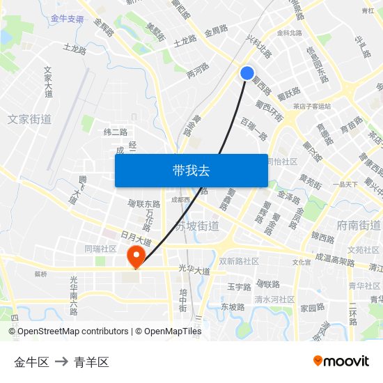 金牛区 to 青羊区 map