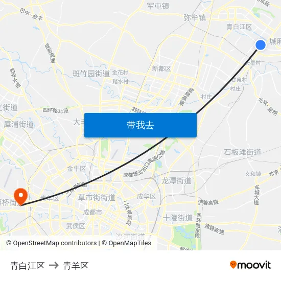 青白江区 to 青羊区 map
