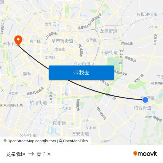 龙泉驿区 to 青羊区 map
