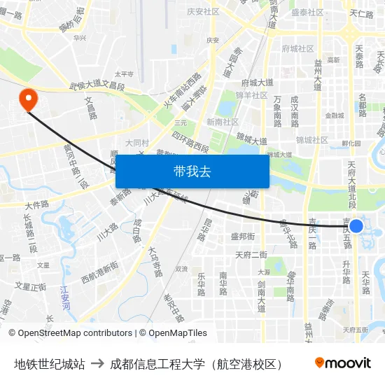 地铁世纪城站 to 成都信息工程大学（航空港校区） map