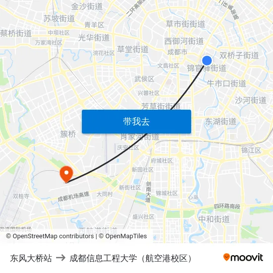 东风大桥站 to 成都信息工程大学（航空港校区） map