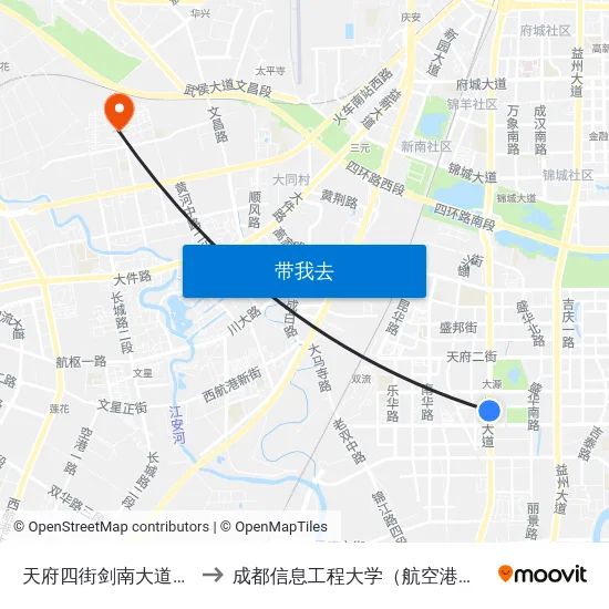 天府四街剑南大道口站 to 成都信息工程大学（航空港校区） map