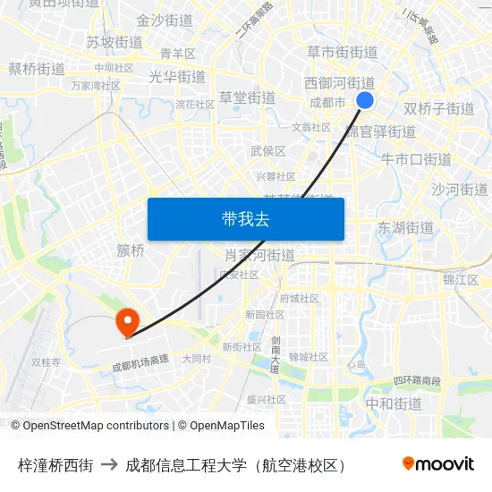 梓潼桥西街 to 成都信息工程大学（航空港校区） map