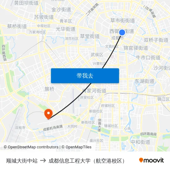 顺城大街中站 to 成都信息工程大学（航空港校区） map