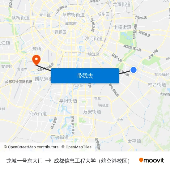 龙城一号东大门 to 成都信息工程大学（航空港校区） map