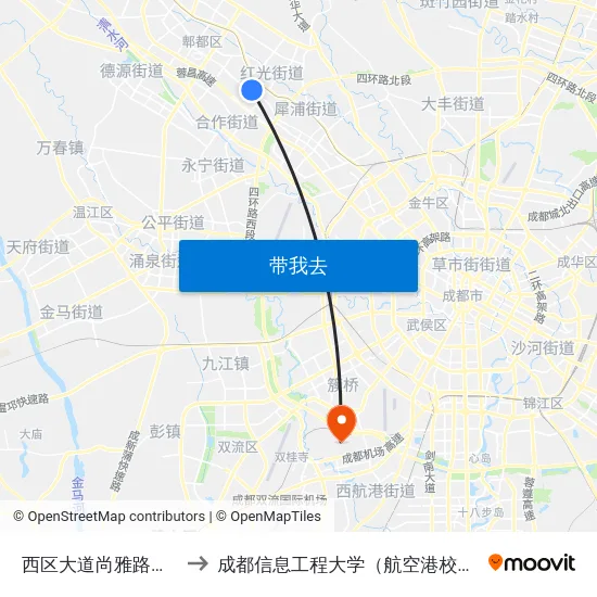 西区大道尚雅路口站 to 成都信息工程大学（航空港校区） map