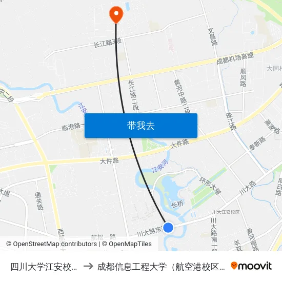 四川大学江安校区 to 成都信息工程大学（航空港校区） map