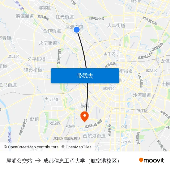 犀浦公交站 to 成都信息工程大学（航空港校区） map