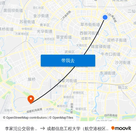 李家沱公交宿舍站 to 成都信息工程大学（航空港校区） map
