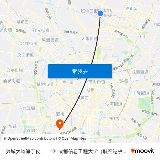 兴城大道海宁皮革城 to 成都信息工程大学（航空港校区） map