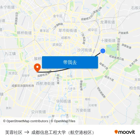 芙蓉社区 to 成都信息工程大学（航空港校区） map
