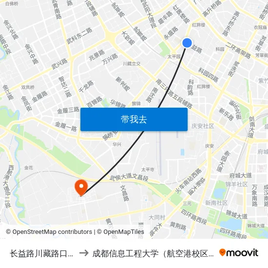 长益路川藏路口站 to 成都信息工程大学（航空港校区） map
