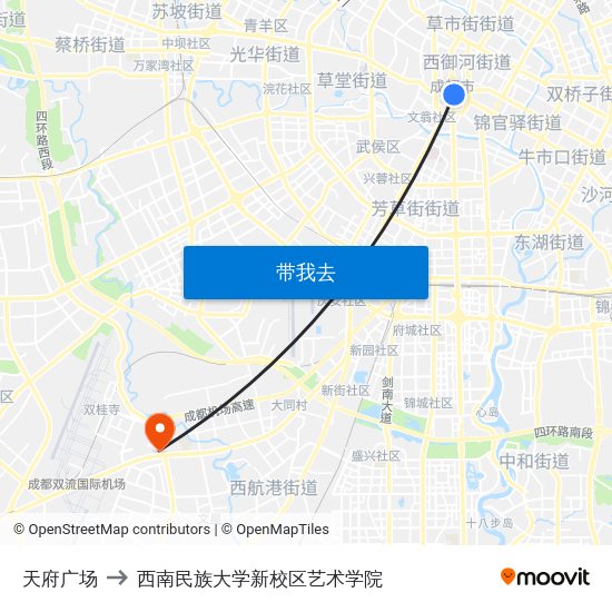 天府广场 to 西南民族大学新校区艺术学院 map