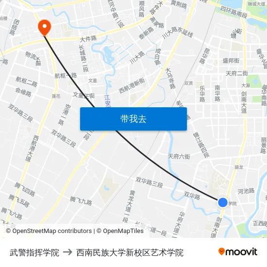 武警指挥学院 to 西南民族大学新校区艺术学院 map