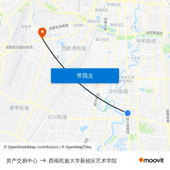 房产交易中心 to 西南民族大学新校区艺术学院 map