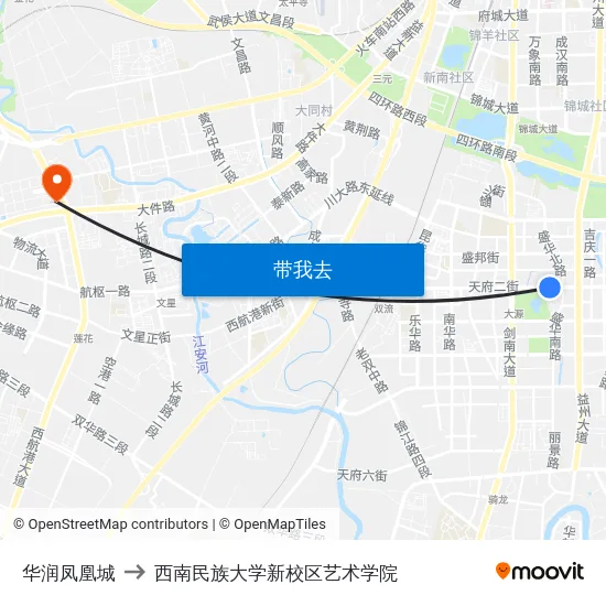 华润凤凰城 to 西南民族大学新校区艺术学院 map