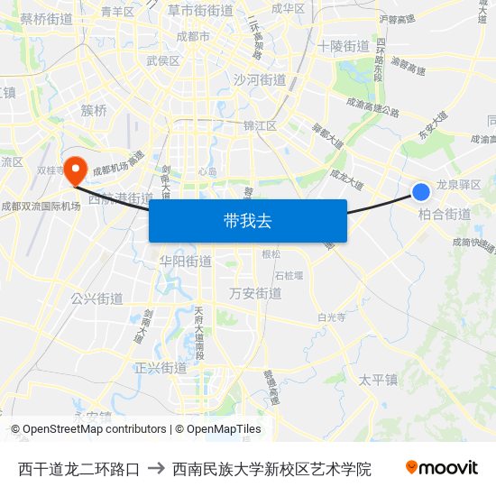 西干道龙二环路口 to 西南民族大学新校区艺术学院 map