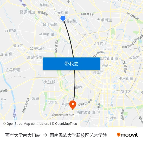 西华大学南大门站 to 西南民族大学新校区艺术学院 map