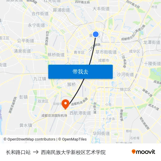 长和路口站 to 西南民族大学新校区艺术学院 map