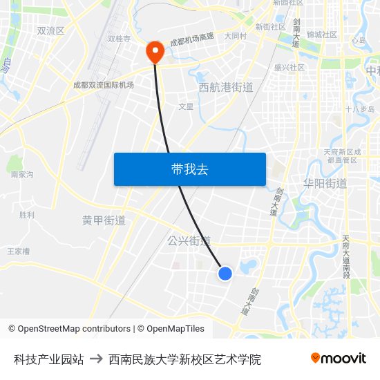 科技产业园站 to 西南民族大学新校区艺术学院 map