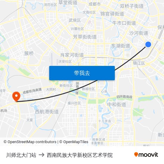 川师北大门站 to 西南民族大学新校区艺术学院 map