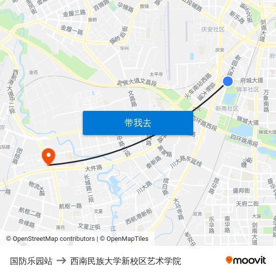 国防乐园站 to 西南民族大学新校区艺术学院 map