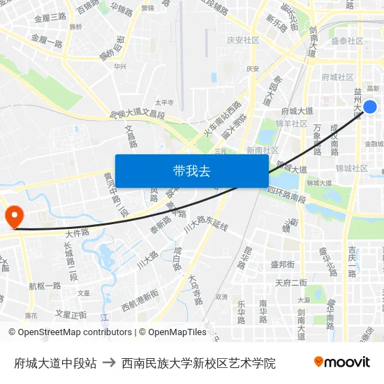 府城大道中段站 to 西南民族大学新校区艺术学院 map
