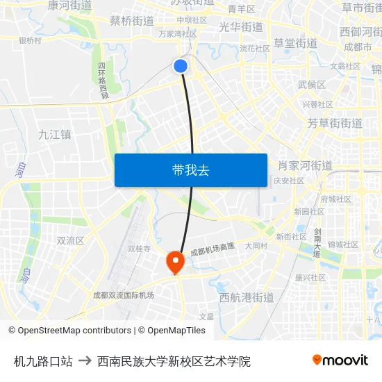 机九路口站 to 西南民族大学新校区艺术学院 map