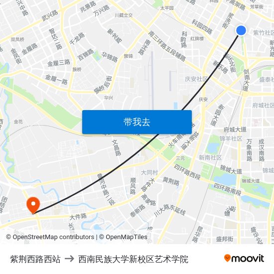 紫荆西路西站 to 西南民族大学新校区艺术学院 map