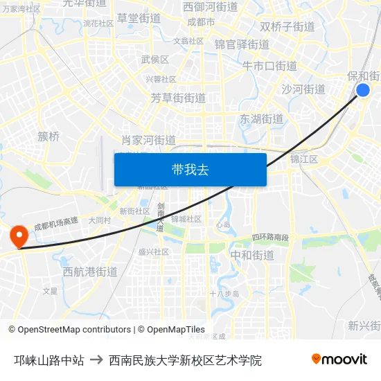 邛崃山路中站 to 西南民族大学新校区艺术学院 map