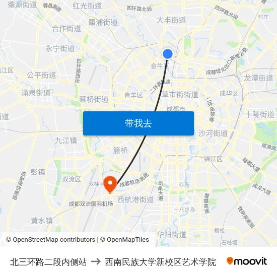 北三环路二段内侧站 to 西南民族大学新校区艺术学院 map