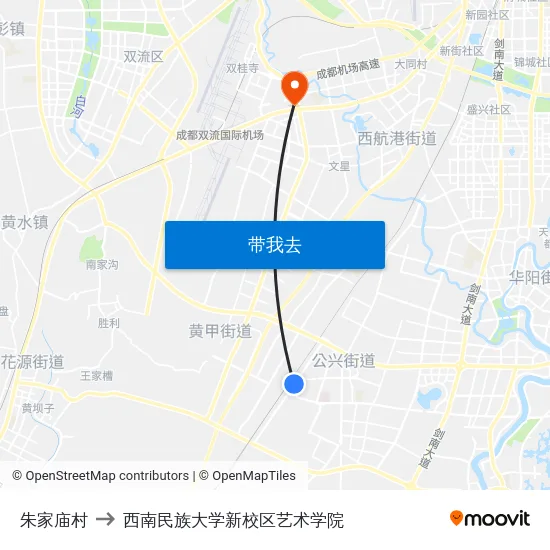 朱家庙村 to 西南民族大学新校区艺术学院 map
