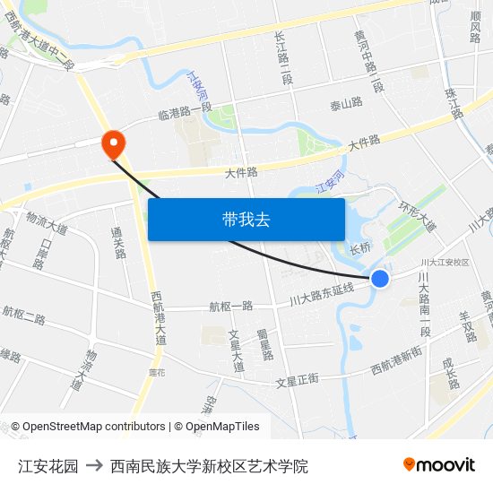 江安花园 to 西南民族大学新校区艺术学院 map