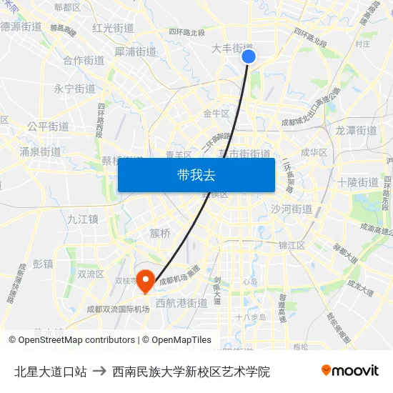 北星大道口站 to 西南民族大学新校区艺术学院 map