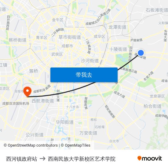 西河镇政府站 to 西南民族大学新校区艺术学院 map