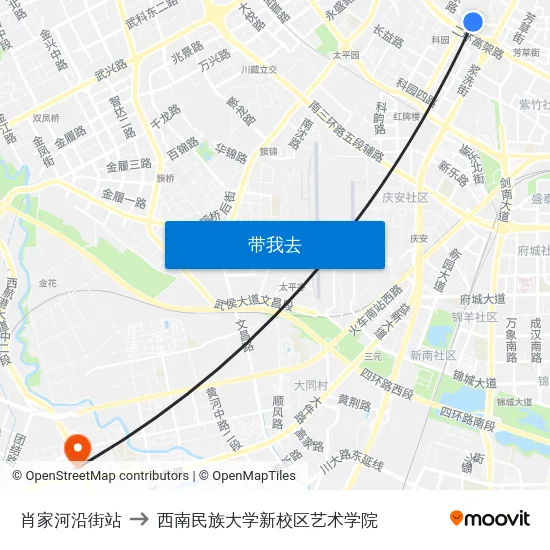 肖家河沿街站 to 西南民族大学新校区艺术学院 map