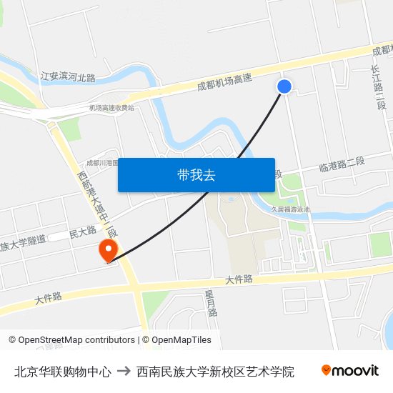 北京华联购物中心 to 西南民族大学新校区艺术学院 map