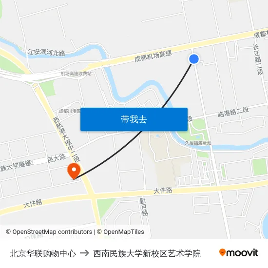 北京华联购物中心 to 西南民族大学新校区艺术学院 map