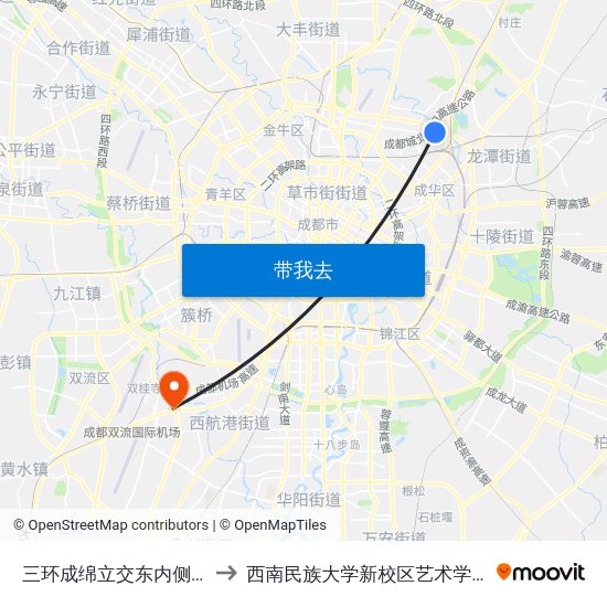 三环成绵立交东内侧站 to 西南民族大学新校区艺术学院 map