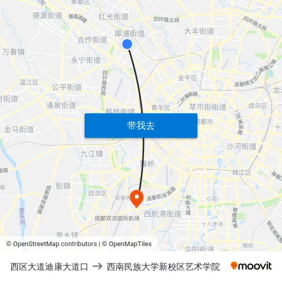 西区大道迪康大道口 to 西南民族大学新校区艺术学院 map