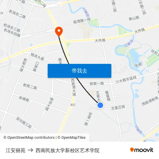 江安丽苑 to 西南民族大学新校区艺术学院 map