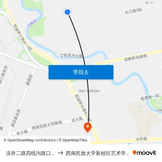 凉井二路四线沟路口站 to 西南民族大学新校区艺术学院 map