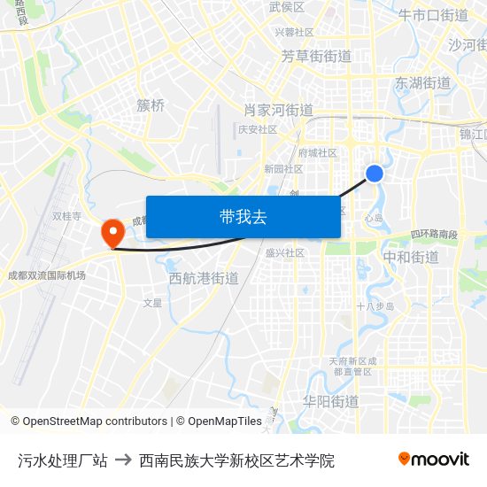 污水处理厂站 to 西南民族大学新校区艺术学院 map