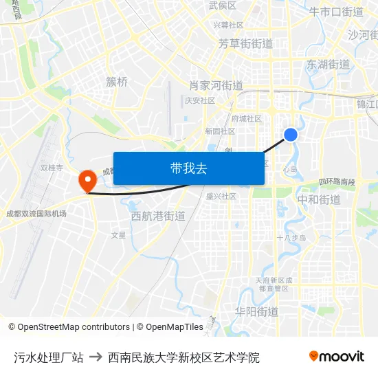 污水处理厂站 to 西南民族大学新校区艺术学院 map