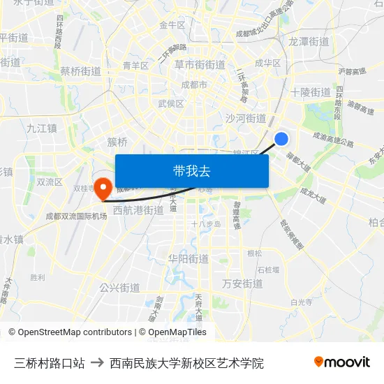 三桥村路口站 to 西南民族大学新校区艺术学院 map