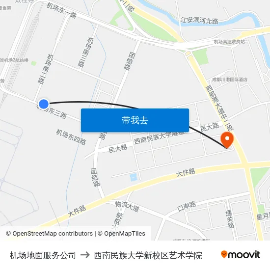 机场地面服务公司 to 西南民族大学新校区艺术学院 map