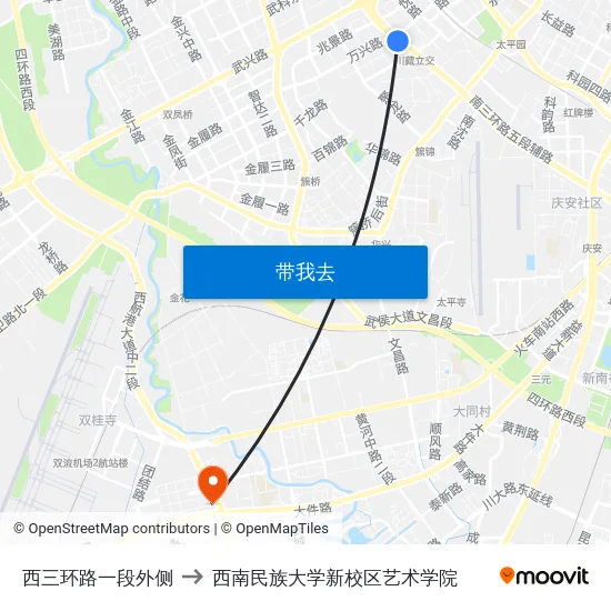 西三环路一段外侧 to 西南民族大学新校区艺术学院 map