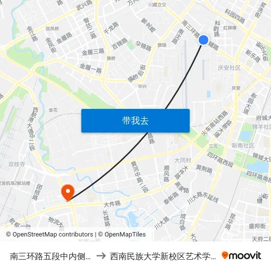南三环路五段中内侧站 to 西南民族大学新校区艺术学院 map
